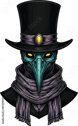 Illustration of plague doctor wearing traditional hat and beaked mask isolated on transparent background