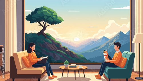 A couple and their dog relax in a living room, enjoying a scenic mountain sunrise from a window