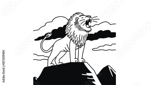 A majestic lion standing on a mountain peak with a mighty roar