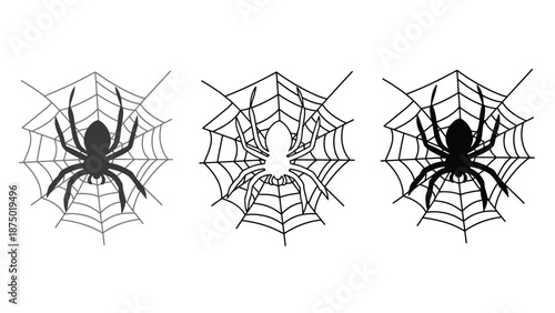 Three black spiders in their webs on a white background for Halloween