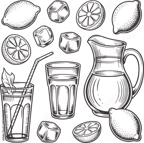 Black and detailed of lemonade drinks ice cubes and citrus slices pitcher glass