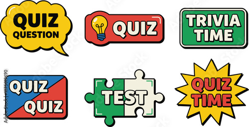 Colorful quiz and trivia icons set, cartoon education game labels for apps, ui design, learning concept