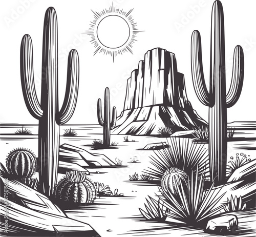 Black and highly detailed desert landscape with cacti and rock formations under sun
