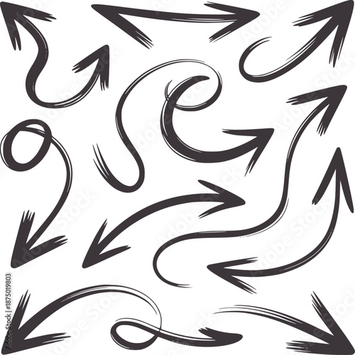 Collection of twelve black hand drawn curved arrows in various styles handdrawn direction