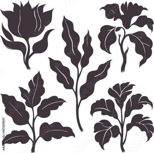 Dark blue silhouette of various leafy plant stems leaves plants silhouettes botanical