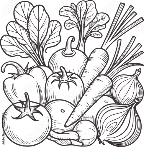 Detailed black and line of assorted fresh vegetables bundle carrots tomatoes onions