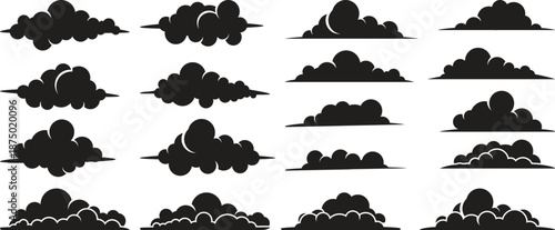 Set of clouds. Hand drawn clouds set. Cloud vector graphic design. Black cloud icon. Set of clouds silhouette isolated on white background. Graphic weather sky cloud collection.