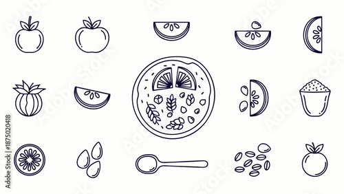Tomato and Seed Line Art Icon Set for Food, Cooking, and Healthy Eating Concepts. Collection of Vegetable Ingredients Vector Illustrations.
