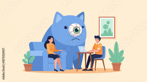 A couple in therapy with a large, sad, one-eyed monster symbolizing their shared mental burden