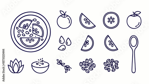 Healthy food ingredients line art icons collection. Vector illustration of fruits, vegetables, seeds, and herbs for cooking and nutrition.