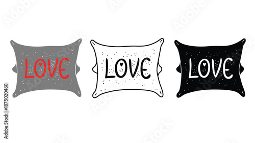 Three colorful pillows with the word love on a white background