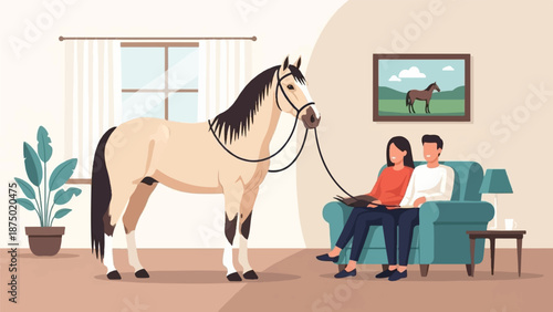 A couple on a couch holds the reins of a horse standing inside their living room, an unusual scene