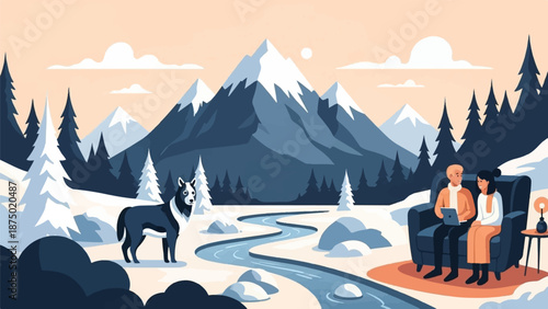 A couple on a couch with a laptop in a surreal, snowy mountain landscape with a dog by a river