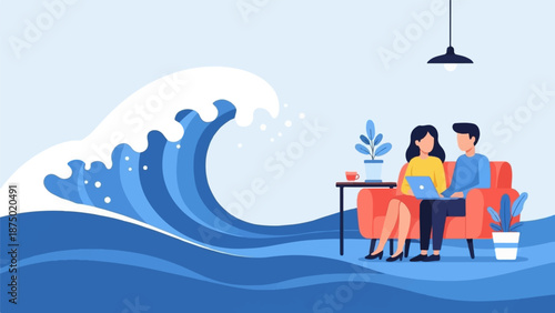 A couple on a couch with a laptop, calmly ignoring a huge wave about to crash into their room
