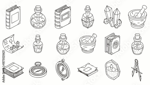 Isometric line art icons for fantasy, magic, and adventure. Set includes spellbooks, potions, crystals, scrolls, compass, and alchemy tools, perfect for RPG games.