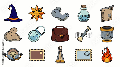 Vibrant collection of 15 flat cartoon vector icons. Features wizard hat, potion, briefcase, stamps, and abstract shapes. Ideal for games, apps, and web design.