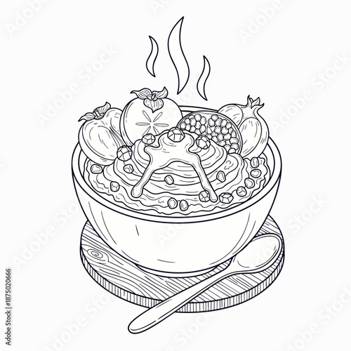 Detailed line art illustration of a steaming bowl of hot oatmeal, topped with fresh persimmons, pomegranate, and berries, drizzled with honey. Healthy breakfast concept.