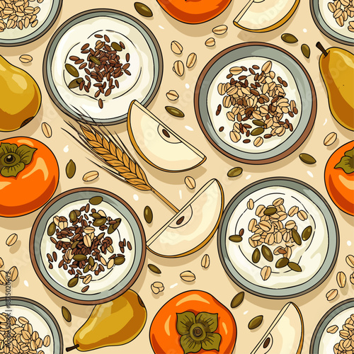 Healthy Breakfast Seamless Pattern with Yogurt, Granola, Fresh Fruits, and Grains. Organic Food Background for Wellness and Nutrition Designs.