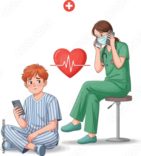 Healthcare professional consulting patient via phone call while boy checks his device isolated on transparent background