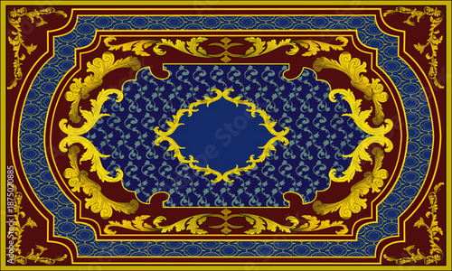 A luxurious Thai ornamental frame featuring intricate and symmetrical golden patterns, highlighted by a deep blue geometric background and a rich red center