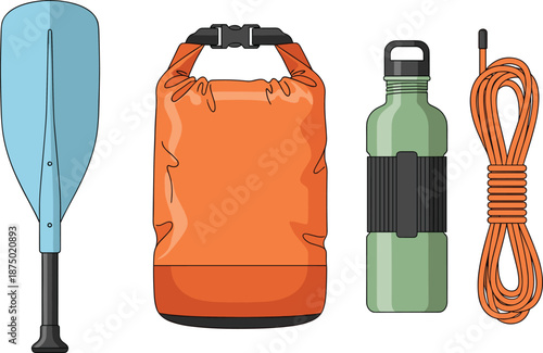 Outdoor kayaking camping gear illustration set, paddle dry bag bottle rope equipment vector design icons adventure travel water
