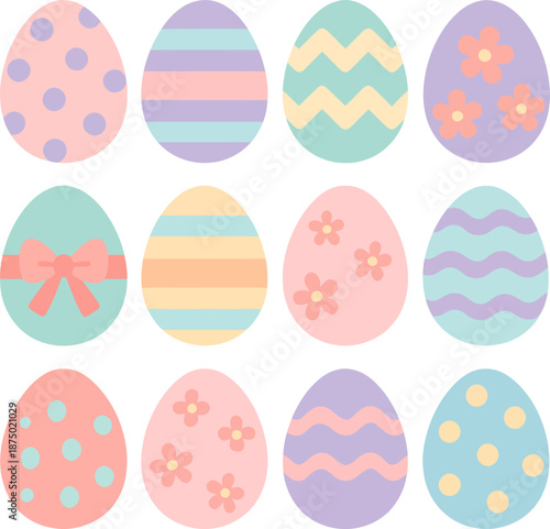 A collection of twelve pastel-colored Easter eggs decorated with various patterns like stripes, dots, zigzags, and flowers, arranged in three rows.