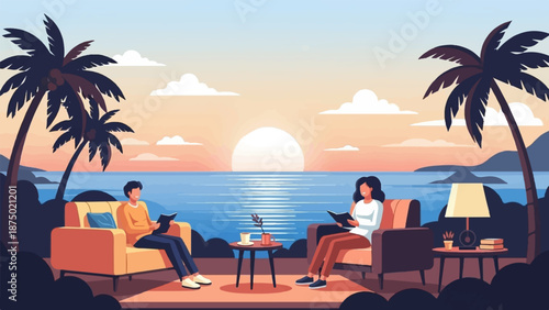 A couple reads in armchairs on a tranquil patio, enjoying a vibrant tropical ocean sunset