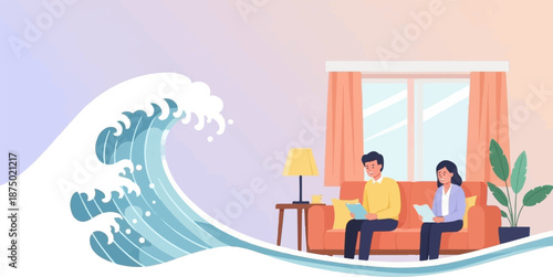A couple reads on a sofa, oblivious to a giant stylized wave about to engulf their living room