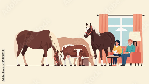 A couple reads on a sofa while horses and a cow calmly eat inside their living room