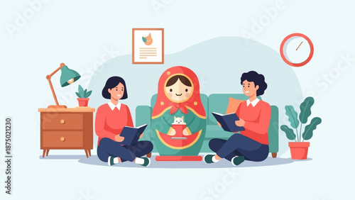 A couple reads on the floor of a cozy living room with a large matryoshka doll between them