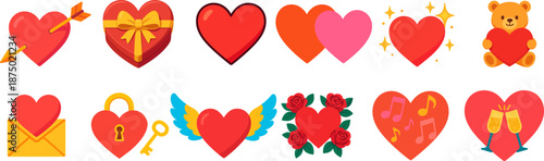 A vibrant collection of heart-themed illustrations, depicting various symbols of love, romance, and affection for special occasions.