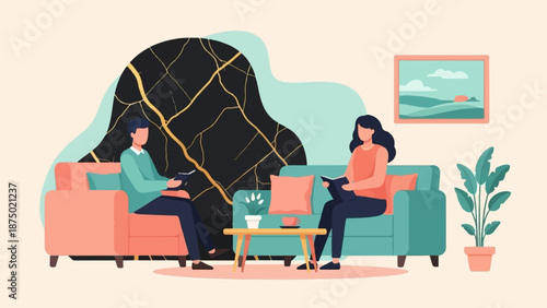 A couple reads peacefully in a modern living room with stylish furniture and abstract wall decor