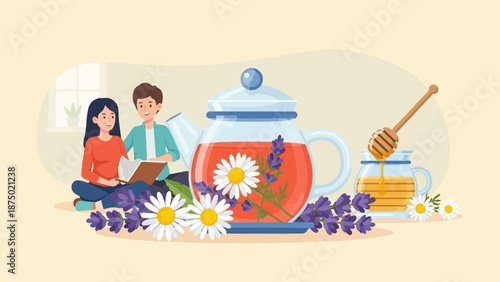 A couple reads together near a glass teapot of chamomile lavender tea and a jar of fresh honey