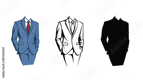 Three business suits in different colors and styles on white background