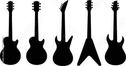Silhouettes of five different types of guitars, including acoustic, electric, and various rock guitar shapes, isolated on a white background.