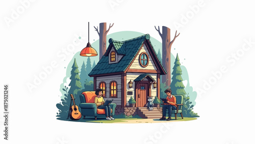 A couple reads peacefully outside their cozy woodland cottage, with their cat and a guitar nearby