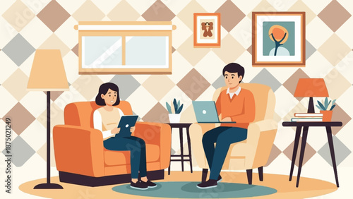 A couple relaxes at home in armchairs, using a laptop and tablet in a cozy, illustrated living room