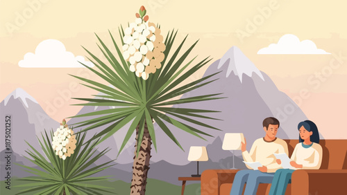 A couple reads together on a sofa, with a scenic mountain and desert landscape in the background