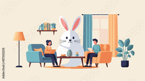 A couple relaxes at home with a giant Easter bunny, celebrating the spring holiday together