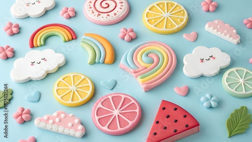 Cute Pastel Candy Cookies with Rainbows and Fruit Shapes Background