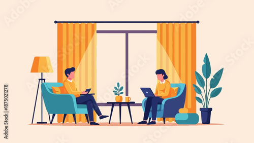 A couple relaxes in a cozy living room, each focused on their digital device, working or browsing