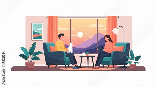 A couple relaxes at home with their dog, using a tablet, by a window with a mountain sunset view