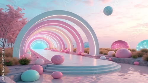 Pastel Neon Archway Fantasy Landscape with Glowing Tunnel Background