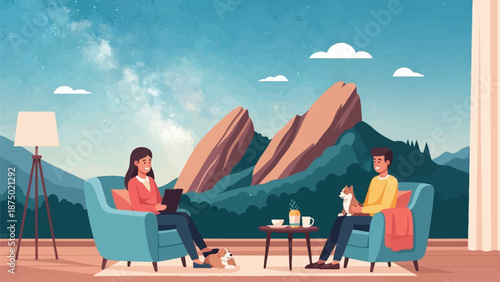 A couple relaxes at home with their dogs, enjoying a scenic mountain vista under a starry night sky