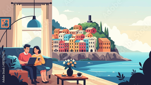 A couple relaxes on a sofa with a laptop, enjoying a scenic view of a colorful coastal village