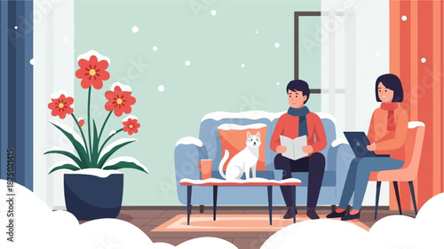 A couple relaxes with a cat in a cozy living room as snow falls, blanketing the scene