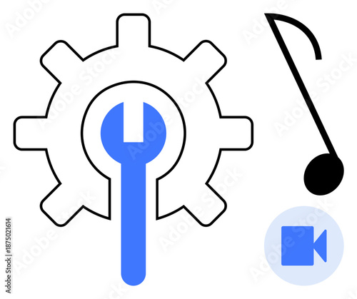 Technology, media, music production, video editing, creativity, maintenance. Gear with a wrench, music note and video icon. Technology and media concepts for creative and industrial uses