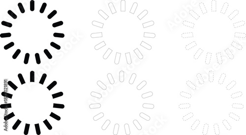 Loading spinner icon set with solid, outline and dashed stroke styles, circular progress indicator symbols for web app interface isolated on white vector