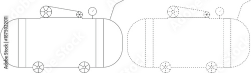 Air compressor tank outline icon set with solid and dashed stroke, industrial equipment line drawing, pneumatic machine silhouette isolated on white background vector