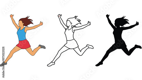 Three women in different colored versions jumping in the air with joy